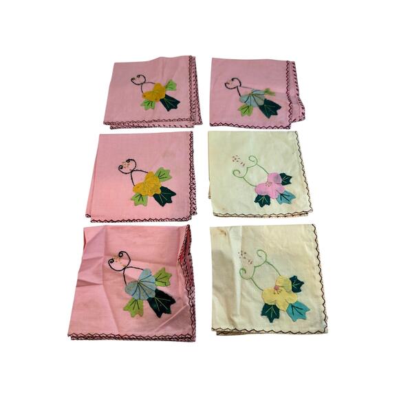 6 Vintage Embroidered Appliqued Handkerchiefs 2 yellow, 4 pink - Picture 1 of 4